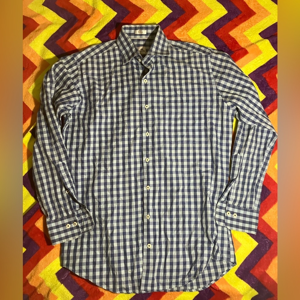 Peter Millar Checkered Seaside Finish Button Down Shirt Blue Medium Long Sleeve